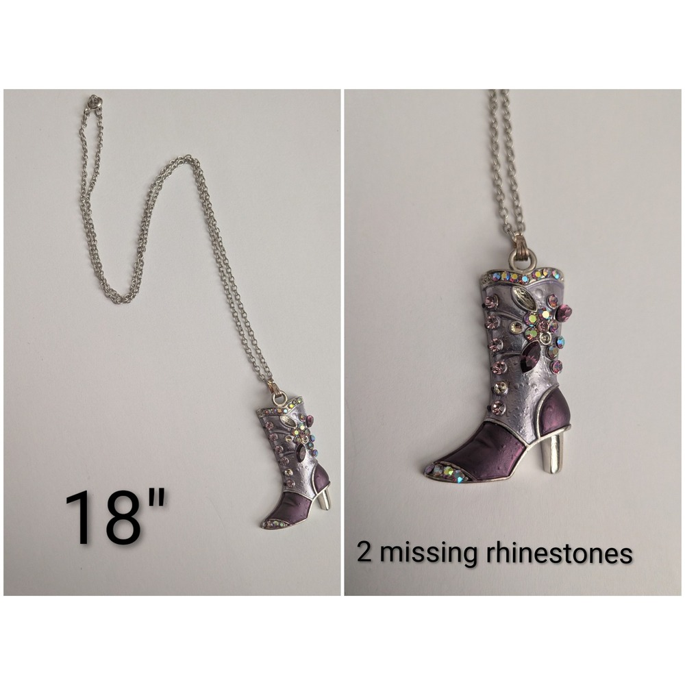 Vintage Purple Enamel Cowboy Boot Pendant Necklace Silver Tone‎ Rhinestone 18 In